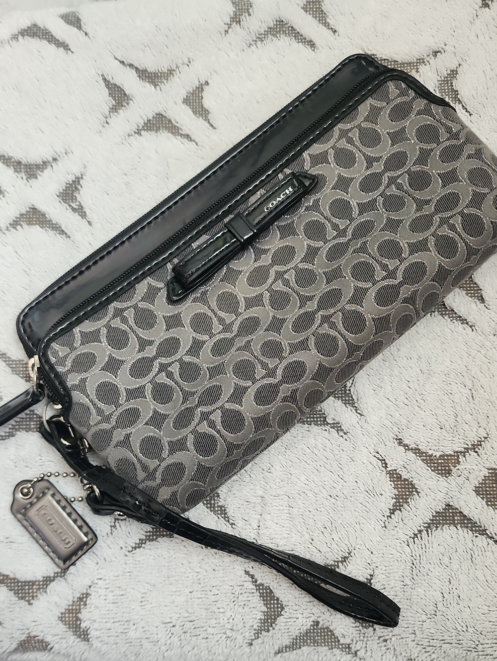 Coach Gray Signature Jacquard Wristlet with Black Patent Trim